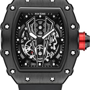 Watch Tonneau Waterproof Fashion Sport Watches Silicone Band Hollow Skeleton Dial Wristwatch for Men Auto Date