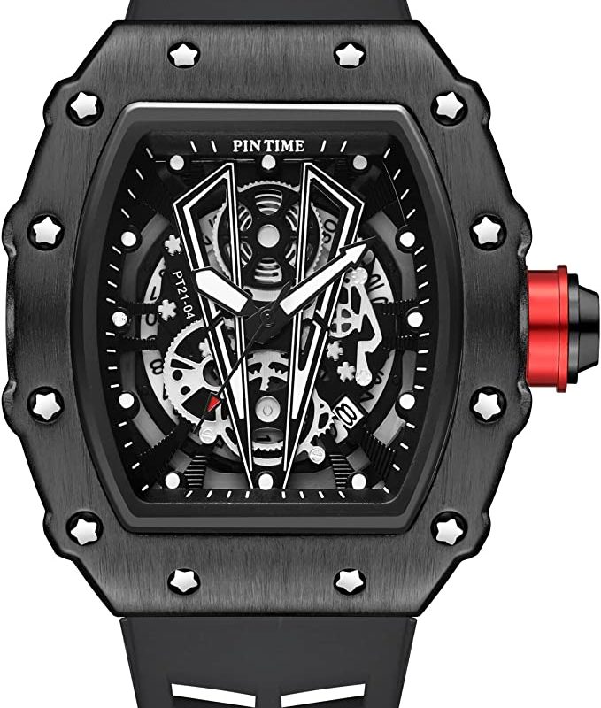 Watch Tonneau Waterproof Fashion Sport Watches Silicone Band Hollow Skeleton Dial Wristwatch for Men Auto Date