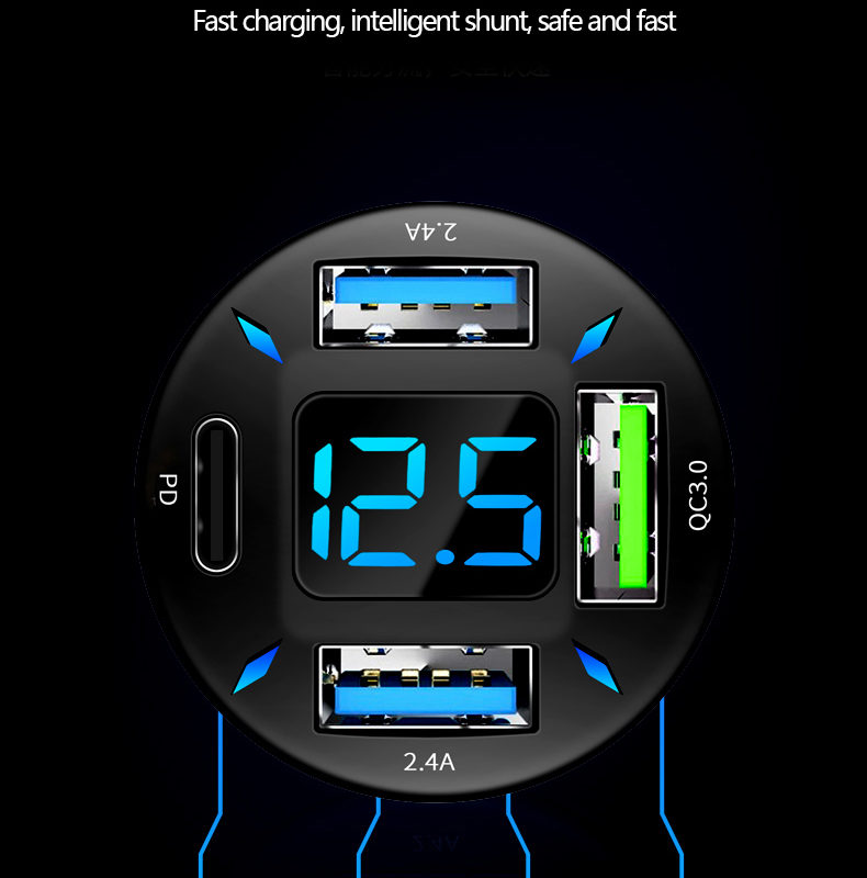 4 Port Car Charger Adapter 50W QC3.0 & PD Car Cigarette Lighter Outlet with LED Voltmeter Phone Charger for iPhone, Android, Samsung, iPad Pro