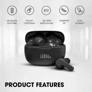 JBL Wave 200TWS Wireless In-Ear Headphones and Charging Case, Bluetooth Earphones with JBL Deep Bass Sound and IPX2 Water Resistance, Black
