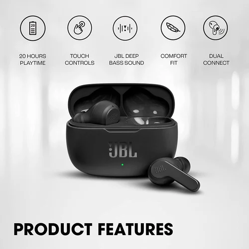 JBL Wave 200TWS Wireless In-Ear Headphones and Charging Case, Bluetooth Earphones with JBL Deep Bass Sound and IPX2 Water Resistance, Black