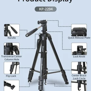 KP-2294 UNC 1/4 Screw Weight:1.75kg/3.85lbs Load:3kg/6.6lbs Folded Height:60cm Minimum Height:57.5cm Maximum Height:179cm 26mm 4-Section Aluminum Legs CTN QTY:10PCS/CTN